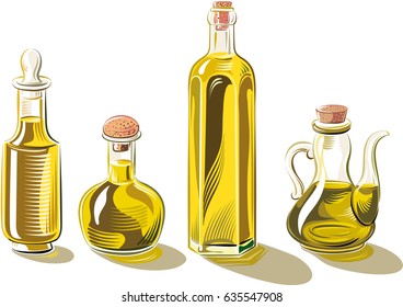 Bottles and glass containers of extra virgin olive oil.