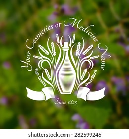 Bottles or glass near leaves and spicas on blurred background of green grass and violet flower. Vector silhouette label. (cream, lotion, balm, tincture, cosmetics, oil, perfume, herbal drags)