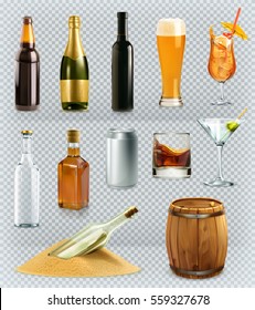 Bottles and glasses, alcohol drink 3d vector icons set