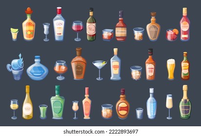 Bottles and glasses with alcohol set vector illustration. Drinks menu with wine and beer, cartoon alcoholic beverages and cocktails for drinking at bar, isolated liquor and brandy, champagne