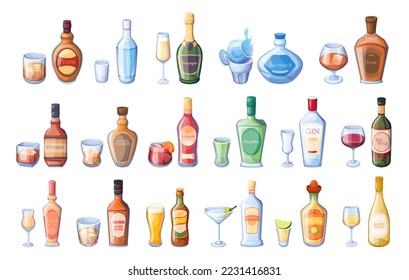 Botellas y gafas con la ilustración vectorial del conjunto de alcohol. Bebidas alcohólicas y cócteles para beber en el bar, carta de bebidas con vino y cerveza, licor y brandy aislado, champán