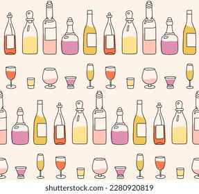 Bottles and glasses with alcoholic beverages on beige background.  Seamless pattern for bar and restaurant. Vector illustration.