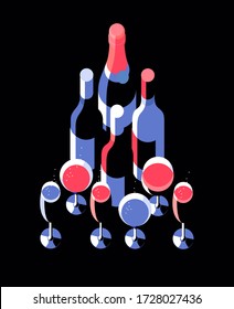 Bottles and glasses arranged in the shape of a triangle or Christmas tree. Set of items, isolated, black background. Vector illustration