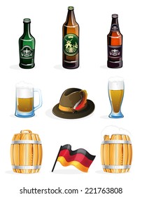 Bottles, glasses, barrels of beer, Tyrolean hat and a German flag. Oktoberfest symbols on a white background