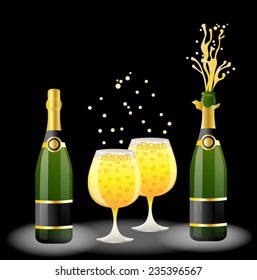 bottles and glasses with champagne on a black background,vector illustration