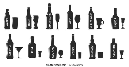 Botellas y gafas. Colección de ilustraciones vectoriales de bebidas alcohólicas para bares y restaurantes. Conjunto de botellas aisladas en blanco. Cerveza, vino, vodka, whisky, coñac, martini y otros espíritus. 