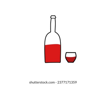 Bottles and glasses containing red fizzy drinks. Vector illustration
