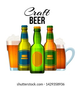 Bottles and glasses with craft beer and english text, vector illustration. Drink beer, poster design. Decorative wallpaper, good for printing. Background with alcohol beverage.
