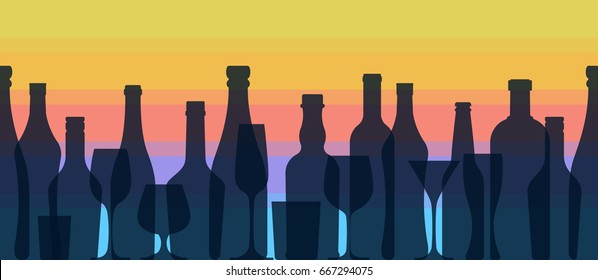 Bottles and glasses dark silhouettes on the colored background.