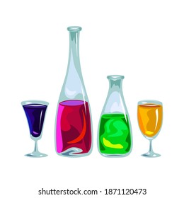 Bottles and glasses with drinks of different colors, on a white background.