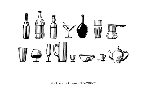 bottles, glasses, drinks, vector