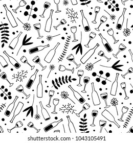 Bottles and glasses, filled with wine and empty. Seamless pattern. Hand drawn vector black and white illustration. Cartoon doodle. Background, wallpaper. Colouring page. Web, print, fabric texture.