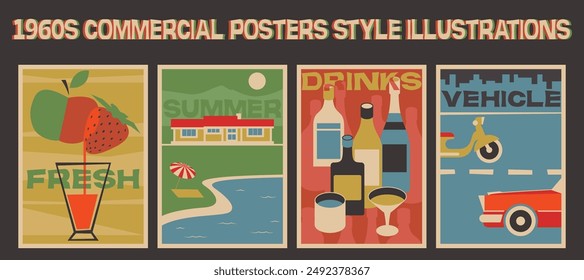 Botellas y vasos, frutas frescas, casa del lago, coche y scooter: Ilustraciones de estilo de los carteles comerciales modernos de mediados de siglo, Formas y Colores de los años 50 - 60 