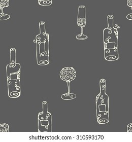 Bottles and glasses hand drawn decorative seamless vector pattern