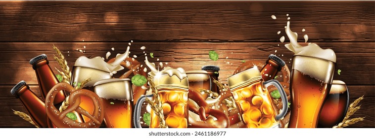 Bottles, glasses, mugs with foamy beer and pretzels on a wooden background. Very realistic illustration.