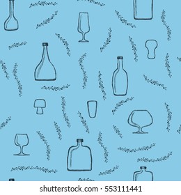 bottles and glasses on a blue background. vector floral seamless pattern