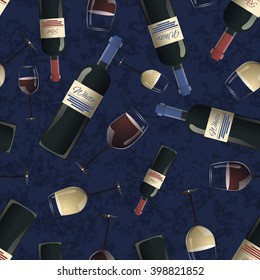 Bottles and glasses of red and white wine on blue grunge background, seamless pattern