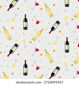Garrafas e copos de vinho tinto e branco.Vetor padrão sem emenda com vinho branco e tinto em garrafas e copos em um fundo claro com estrelas.