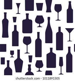 Bottles and glasses seamless pattern. Vector illustration. Simple style. Monochrome background with alcohol drinks and wineglasses.