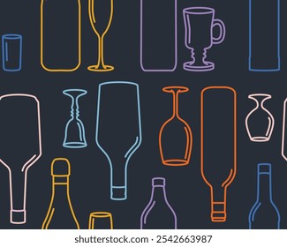 Bottles and glasses. Seamless repeating vector background for bars and restaurants. Editable line width. Cover for pub alcohol menu. Different shapes of bottles and glasses - for wine, vodka or brandy