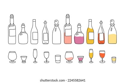 Botellas y juego de gafas. Ilustración vectorial dibujada a mano de diferentes bebidas alcohólicas.Cada objeto se aísla sobre fondo blanco.