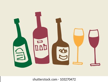Bottles and glasses set. Vector illustration.