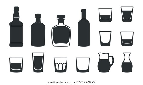 Bottles and glasses for spirits, whiskey, and other drinks. Perfect for beverage and hospitality design.
