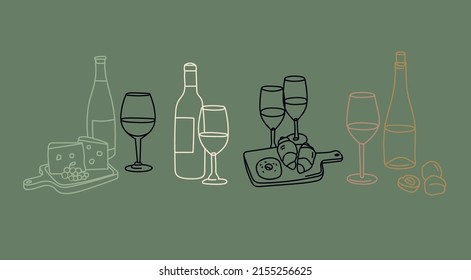 Botellas y vasos de vino dulce y seco. Vino, platos de madera con queso, frutas, croissant. Tentempiés de vino tradicionales. Ilustración del vector de contorno de color dibujado a mano. Todos los elementos están aislados