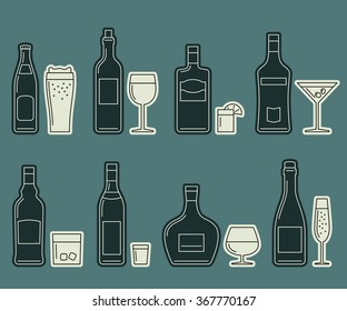 Bottles and glasses vector icons. Thin line icons of alcoholic beverages.