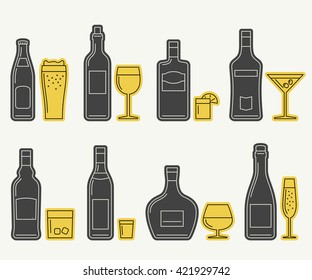 Bottles and glasses vector icons. Thin line icons of alcoholic beverages.