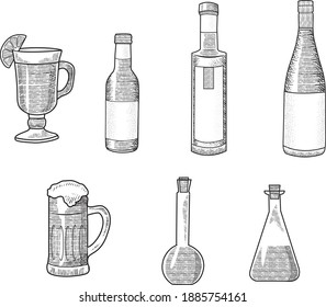 botellas y gafas. ilustración vectorial. blanco y negro. vintage