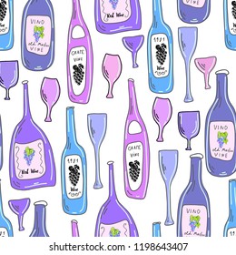 Bottles and glasses vector seamless pattern. Wine, liquor, cognac drinks background. Food illustration.