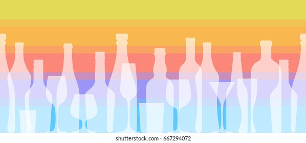 Bottles and glasses white silhouettes on the colored background.