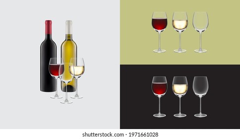 Bottles and glasses of wine on a colored background. Transparent.