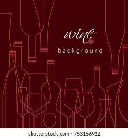 Bottles and glasses for wine. Vector background for menu, tasting, wine card. Illustration with line icons is cropped with a mask.