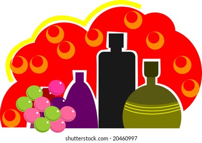 bottles and grapes in red background	