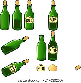 the bottles are green empty with wine and rum. bottles are open and corked with a cork. On the label there is an inscription rum and wine. standing and lying bottles. liquid or alcohol leaks out of