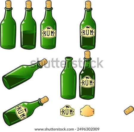 the bottles are green empty with wine and rum. bottles are open and corked with a cork. On the label there is an inscription rum and wine. standing and lying bottles. liquid or alcohol leaks out of