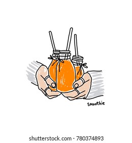 Bottles in hands with bright orange smoothies.