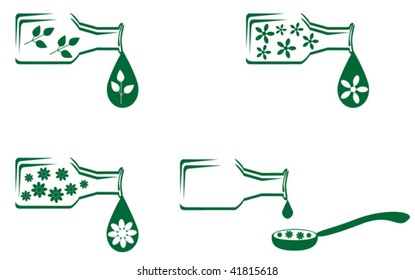 Bottles with herbal medicines, natural sources of health, flowers and leaves, isolated on white
