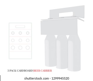 Bottles Holder Template, Three Pack Cardboard Bottles Carrier with die lines. Vector with die cut  laser cut layers. White, clear, blank, isolated Beer Pack on white background. Packaging Design  svg