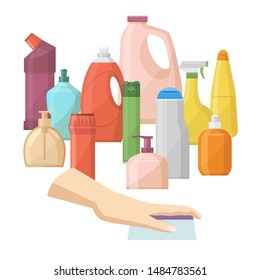 Bottles of household chemicals supplies and cleaning housework vector illustration. Plastic detergent liquid, domestic fluid cleaner pack of household chemicals.