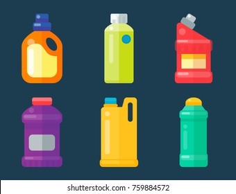Bottles of household chemicals supplies cleaning housework plastic detergent liquid domestic fluid cleaner pack vector illustration.