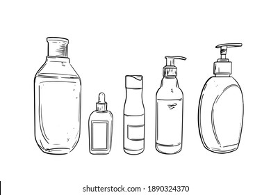Bouteilles pour produits d'hygiène, contenant pour shampoing, gel douche, contour de savon. Illustration vectorielle linéaire en style esquisse sur fond transparent, blanc