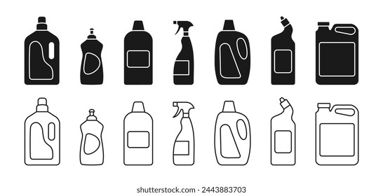 Bottles icons of cleaning products. Household chemicals silhouettes. Vector.