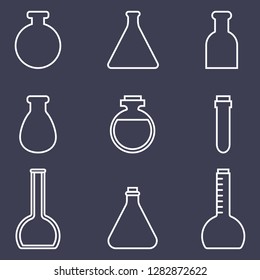 Bottles Icons Set isolated on dark background. Chemistry equipment. Medical accessories. Vector illustration.