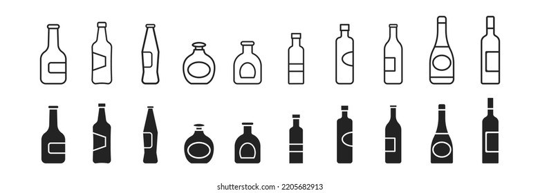 bottles icons set, water symbol, collection of alcohol, drink design, simple vector illustration