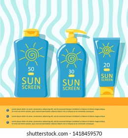 Bottles icons with sunscreen. With space for text. Vector isolates on a white background in the style of flat, great for web design. 