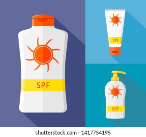 Bottles icons with sunscreen. Vector isolates on a white background in the style of flat, great for web design.