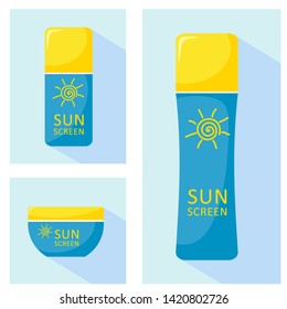 Bottles icons with sunscreen. Vector isolates on a white background in the style of flat, great for web design.
